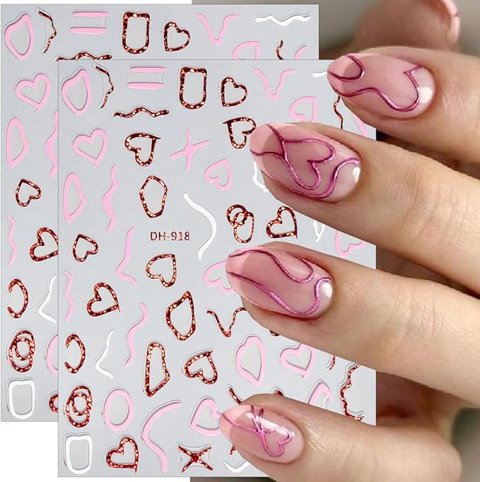 10 Sheets Valentines Nail Stickers Hollow Hearts Nail Decals 3D Self Adhesive Pink Red Bow Peach Heart Shaped Nail Art Stickers French Heart Nail Decorations for Women DIY Nail Art Designs Supplies
