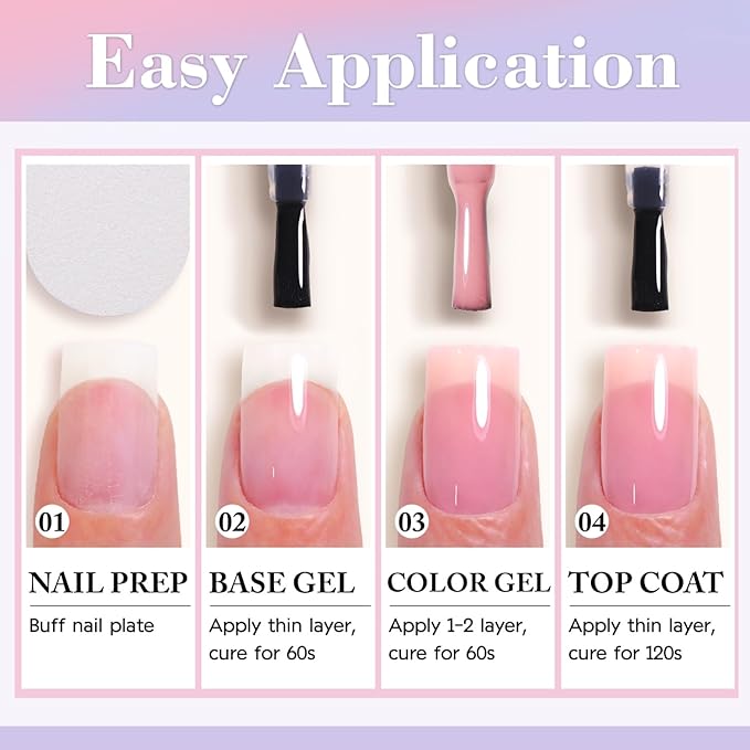 Double Rhythm Gel Nail Polish Set of 6 Colors Baby Light Pastel Milky Nail Polish Starter Kit Art DIY Salon Home (Jelly Sheer White Lilac Blue Pink Yellow Green,Kit 1)