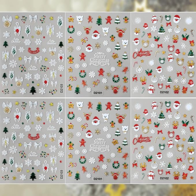 6Pcs Christmas Nail Stickers 5D Christmas Tree Snowball Nail Stickers for Nail Art Santa Claus DIY Self Adhesive Cute Bow Gingerbread Man Nail Decals Snowflake Nail Decoration Supplies for Women