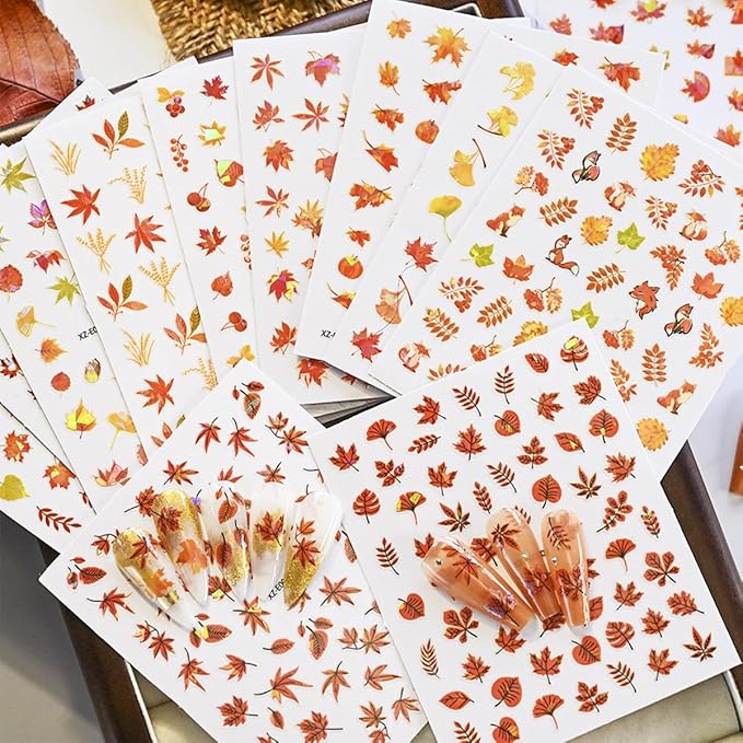 12Sheets Autumn Maple Leaves Nail Stickers 3D Self-Adhesive Fall Nail Art Stickers Gold Yellow Pumpkins Ginkgo Leaf Nails Design Decal Thanksgiving Day Nail Art Decoration for Women DIY Nail Supplies