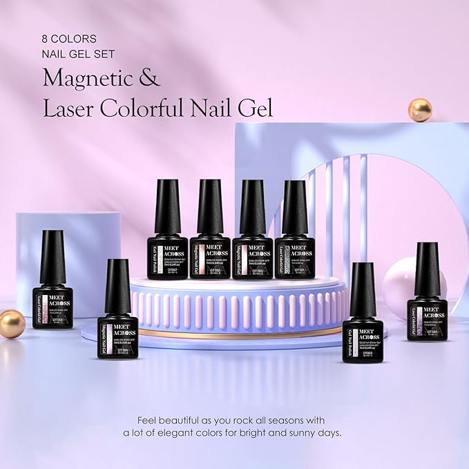 MEET ACROSS 8pcs Gel Nail Polish Set, Soak off UV LED Lamp Gel Nail Polish Cat Eye Set Home Gel Manicure Kit 7ml (Cat Eye + Glitter Gel)