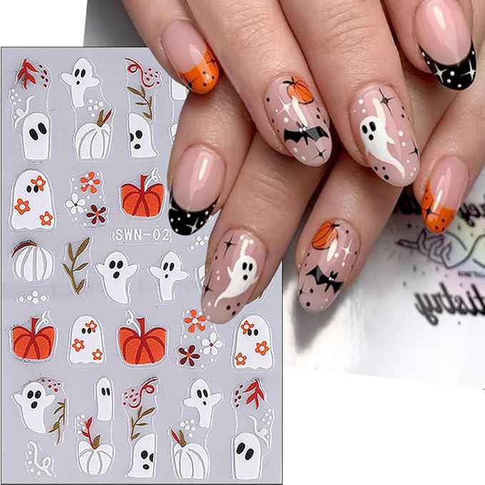 4Pcs Halloween Nail Stickers Cute Flower Ghost Nail Decals 3D Goth Spider Nail Art Stickers Mummy Bandage Pumpkin Skeleton Nail Design Sticker French Cat Halloween Nails Supplies Decoration for Women
