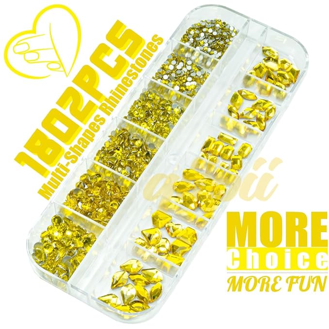 1802Pcs Golden Yellow Nail Rhinestones Kit 72 Multi Shapes Crystal Flatback Gold Yellow Rhinestones Big Gems +1730 Round Beads K9 Glass Stones Diamonds jewels Charms for Nails Faces Eyes Makeup