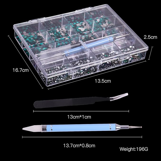 3320Pcs Green Nail Art Rhinestones Crystal,HOINCO 3D Rhinestones Gems Jewels Diamond,24 Types of 320 Diamonds + 3000 Round Beads, Crystals 3D Flat Back Gemstones for Nail DIY Crafts with Tweezers Pen