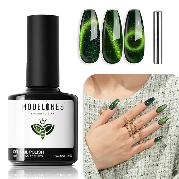 modelones Cat Eye Gel Nail Polish, 15 ML Jelly Glass Green Gel Polish with Magnet Holographic Glitter Shimmer Translucent Sheer Color Magnetic Spring Nail Polish Top Coat Salon DIY at Home