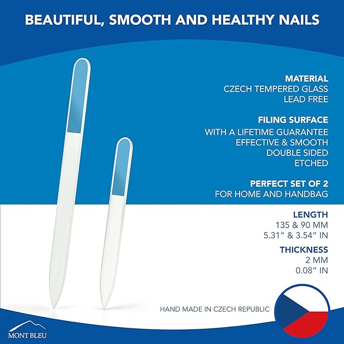 Mont Bleu Set of 2 Color Glass Nail Files - Each File is in Black Pouch - Handmade Gifts for her - Genuine Czech Tempered Glass - Crystal Nail Files for Natural Nails
