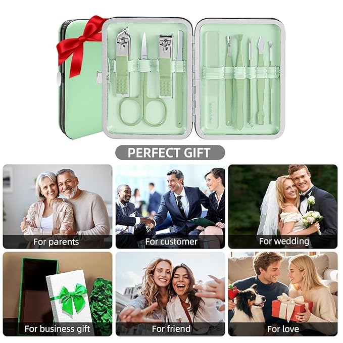 Manicure Set Professional Nail kit, Andrea 10 pcs mens manicure kit and Grooming kit, Nail Care Tools with Luxurious Travel Leather Case for Thick Nails Men Gift (green)