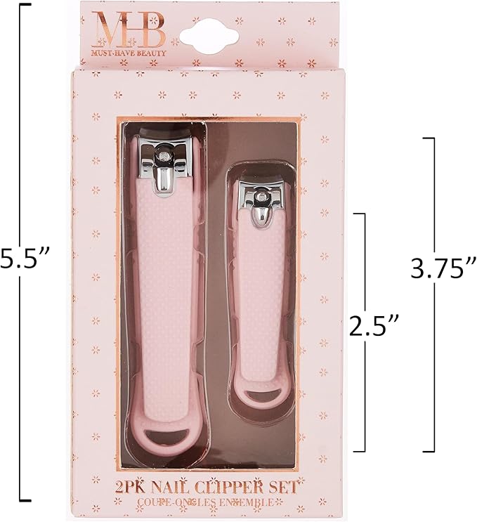 2pc Nail Clipper Set - Big & Small Precision Nail Clippers Value Pack, Water-Resistant Pink Nail Clippers with Comfortable Silicone Grip (Light Pink)