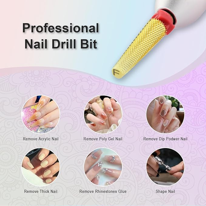 Depvko Super Long 5 in 1 Nail Drill Bits, 3/32'' Carbide Tungsten Bits, Two Way Rotate Professional Advanced Safety Bits for Nail, Fast Remove for Manicure Pedicure (Long 5in1-Gold, Fine-F)