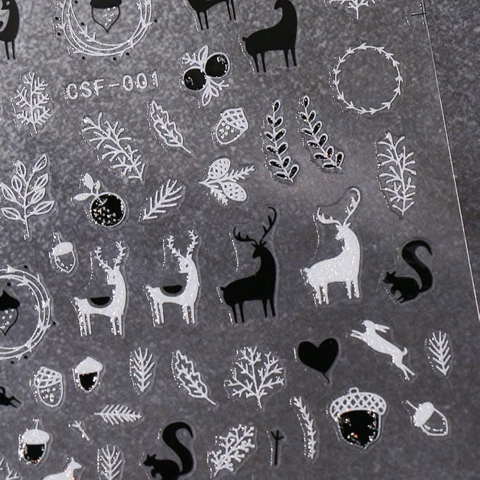 JMEOWIO 9 Sheets Christmas Glitter Nail Art Stickers Decals Self-Adhesive White Black Nail Supplies Nail Art Design Decoration Accessories