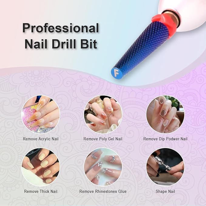 Depvko Super Long 5 in 1 Nail Drill Bits, 3/32'' Carbide Tungsten Bits, Two Way Rotate Professional Advanced Safety Bits for Nail, Fast Remove for Manicure Pedicure (Long 5in1-Purple, Fine-F)