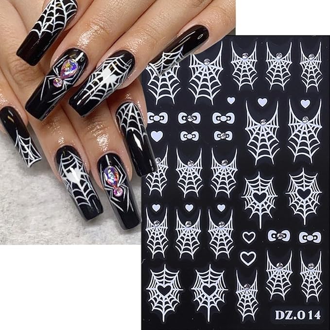 4Pcs Halloween Nail Art Stickers Decals with Rhinestones Design Spider Web Nail Stickers Glitter Gold Silver White Bow Spider Nail Decals Goth Nail Art Supplies Halloween Decoration for Manicure