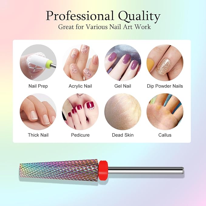Super Long 5 in 1 Nail Drill Bits, Professional 3/32'' Carbide Tungsten Two Way Rotary Advanced Safety Bits, Fast Remove for Manicure Pedicure Cuticle Acrylic Nails(Rainbow, Fine-F)