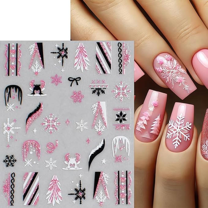 6 Sheets Christmas Nail Art Stickers Snowflake Christmas Tree Nail Decals with Pink Glitter Snowflake Xmas Tree Snowball Elk Snowmen Nail Design Black French Tips Nail Supplies Nail Decor for Women