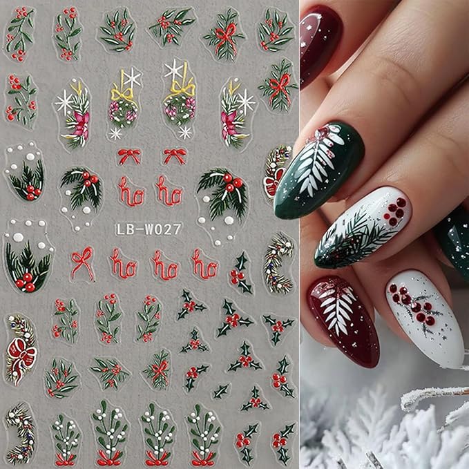 4 Sheets Christmas Nail Art Stickers 5D Embossed Holly Leaf Nail Decals Winter Christmas Tree Elk Snowflake Design Self Adhesive Nail Art Supplies for Women Acrylic DIY Holiday Manicure Decoration