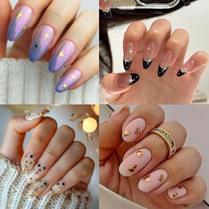 6 Sheets Heart Shaped Nail Art Stickers 3D Laser Star Shape Nail Stickers Self-Adhesive Gold and Silver Heart Shape Design Decals Four Pointed Star Women's Nail Decoration