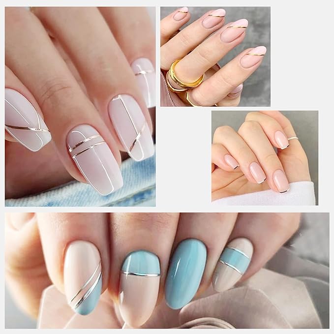 12 Sheets Gold Nail Stickers, 3D Self-Adhesive Metal Geometric Stripe Wave Nail Sticker, Gold Nail Art Designs, Style-c
