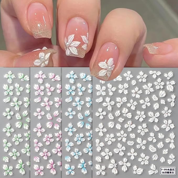 Flower Nail Sticker for Nail Art,Spring Nail Decals Embossed 5D Embossed Crystal Camellia Four-Petal Floral Nail Design Lovely Flowers for Nails Adhesive Gel Slider Charm Decor Manicure Accessories