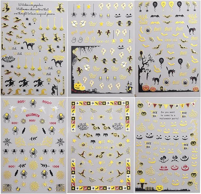 Halloween Nail Stickers Cat Spider Web Ghost Pumpkin Nail Decals 3D Gold DIY Self Adhesive Witch Nail Design Sticker Halloween Nail Decoration Supplies Holiday Manicure Accessories for Women 6Pcs