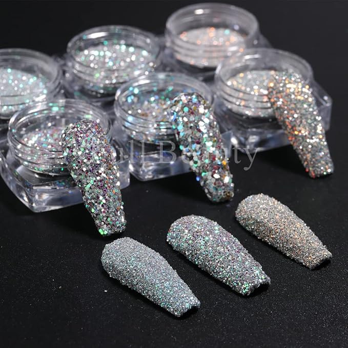 Reflective Nail Powder - 6 Boxes Sparkling Diamond Glitter for Nails, Iridescent Sequins, Holographic Super Bright Pigment Dust, Nail Art Decor