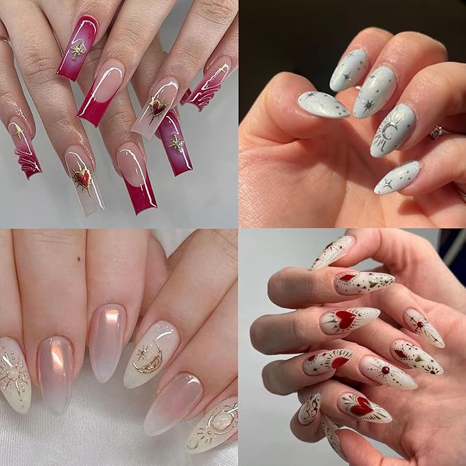 8 Sheets Gold and Silver Heart Shape Nail Art Stickers 3D Moon Sun Star Nail Stickers Self-Adhesive Retro Gold and Silver Clouds Little Stars Design Women DIY Nail Manicure Decoration