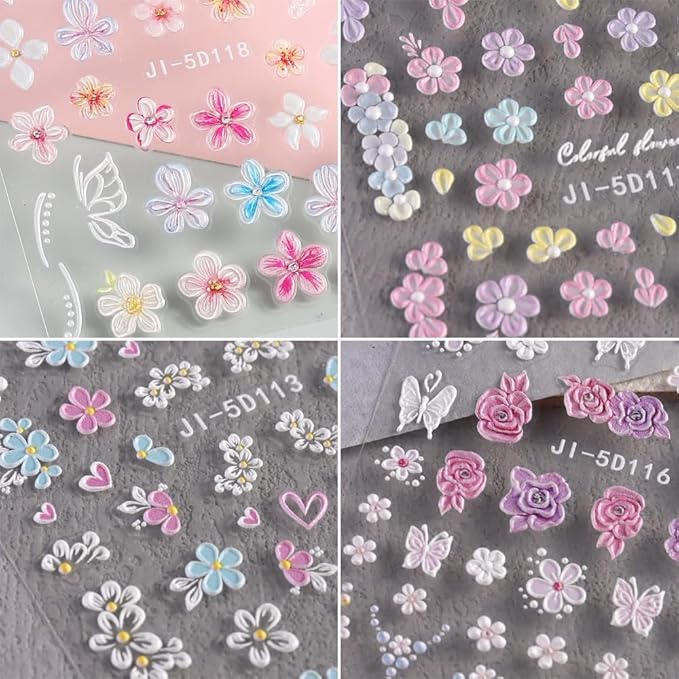 5D Embossed Flowers Nail Stickers, 4 Sheets Self-Adhesive Colorful Summer Floral Nail Decals Hibiscus Rose Butterfly Nail Art Design Manicure Decoration Accessories for Women Girls