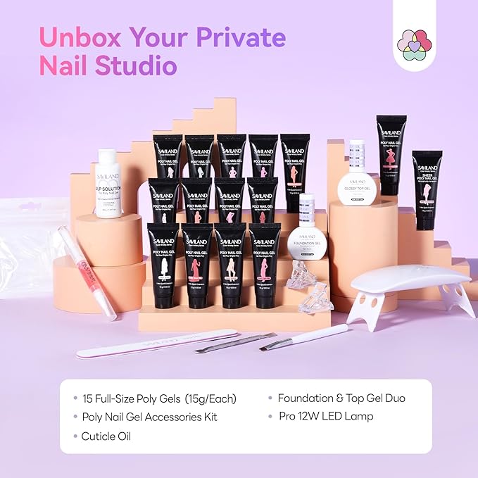 SAVILAND Poly Extension Gel Nail Kit:15 Colors Poly Nail Gel Natural Clear White Glitter Black Long Lasting with U V Light Slip Solution for Starter DIY Nail Art at Home Gifts for Ladies & Girls