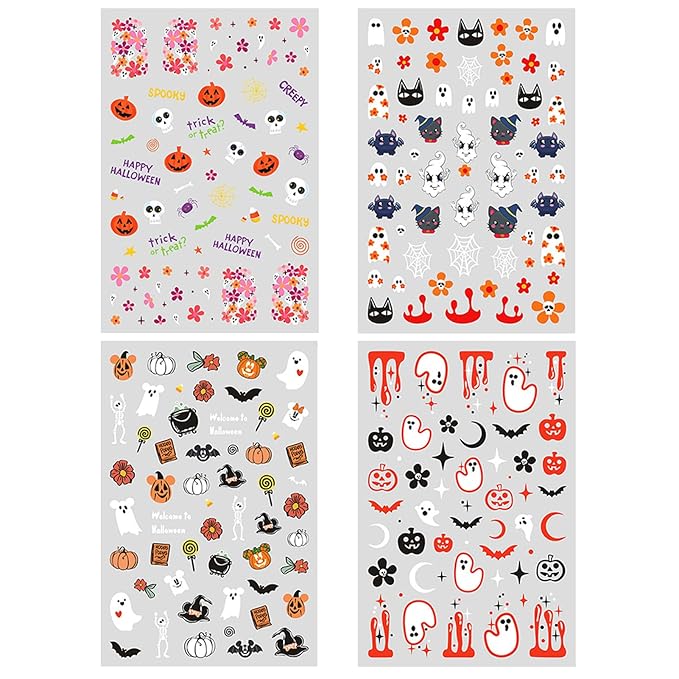 Halloween Nail Art Stickers, Pink Pumpkin Nail Decals, 3D Self-Adhesive Spider-Web Bat Design for DIY Nail Supplies Decoration (4 Sheets)