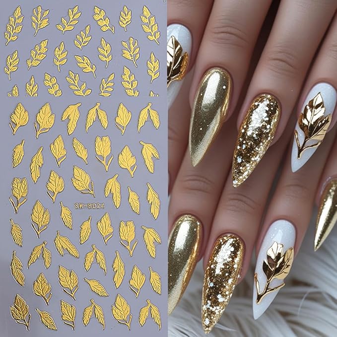 8 Sheets Gold Leaf Nail Stickers Autumn Leaves Nail Decals 3D Thanksgiving Design Fall Nail Art Stickers Gold Flower Vines Snowflake Nail Decoration Accessories for Women DIY Acrylic Nails Salon