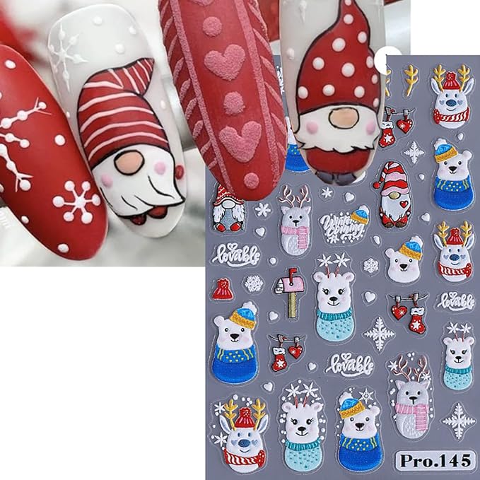 4 Sheets Christmas Nail Art Stickers Snowman Nail Decals with Cartoon Elk Bow Snowflakes Design 3D Self-Adhesive Nail Stickers Acrylic Nail Supplies for Women DIY Christmas Decorations
