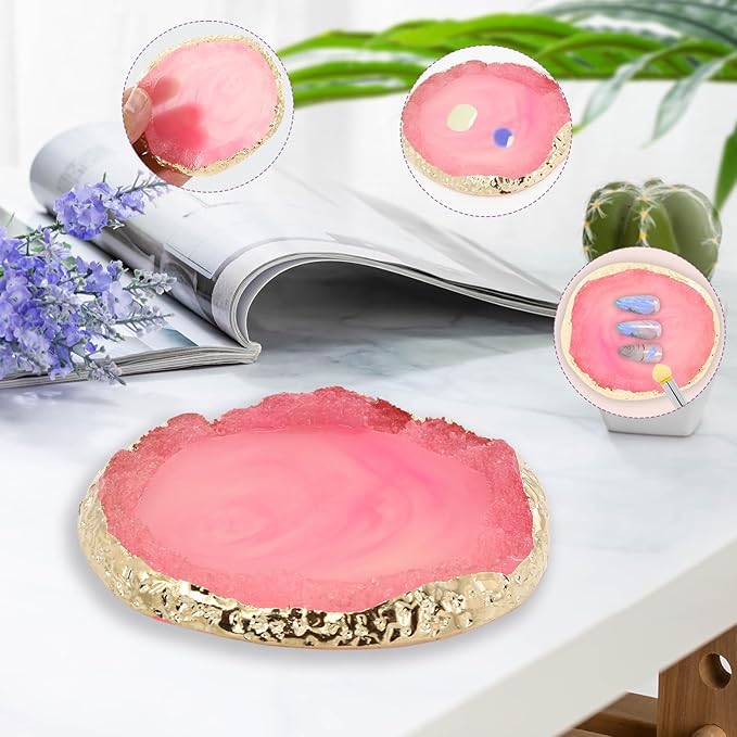 2 Pcs Resin Nail Art Palette with UV Gel Gradient Sponges Pens and Spatula, Gold Edge Gel Nail Polish Mixing Palettes, Makeup Color Pallet, Portable Nail Design Kit for Manicure DIY Tools(Pink&Purple)