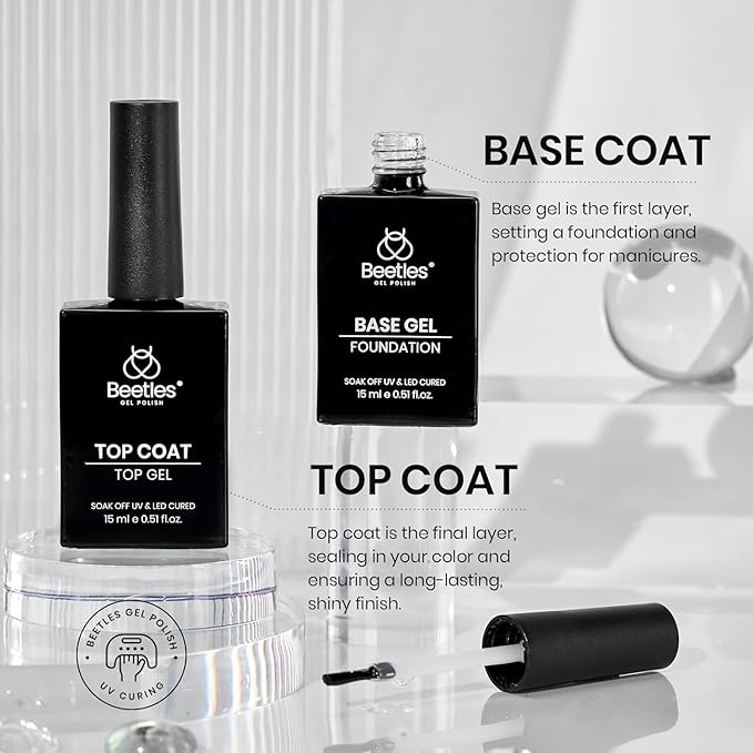 Beetles 4 Pcs 15ml Gel Top Coat and Base Coat Set with Nail Dehydrator and Primer Professional Nail Prep Acid-Free & Hema-Free Dehydrate Bond Primer Set for Acrylic & Gel Nail Polish Fall Nail Gifts