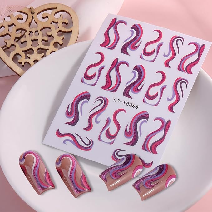6Sheets Color French Nail Art Stickers 3D Self-Adhesive French Tip Line Nail Decals Colorful Geometric Curve Stripe Nail Stickers French Nail Tips Guides Nail Art Supplies for Women DIY Manicure Charm