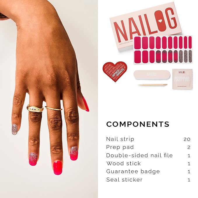 NAILOG Semi Cured Gel Nail Strips (20 Extra Long Polish Stickers/Wraps) │ Glossy & Long Lasting Soft Gel Finishing (Chance)