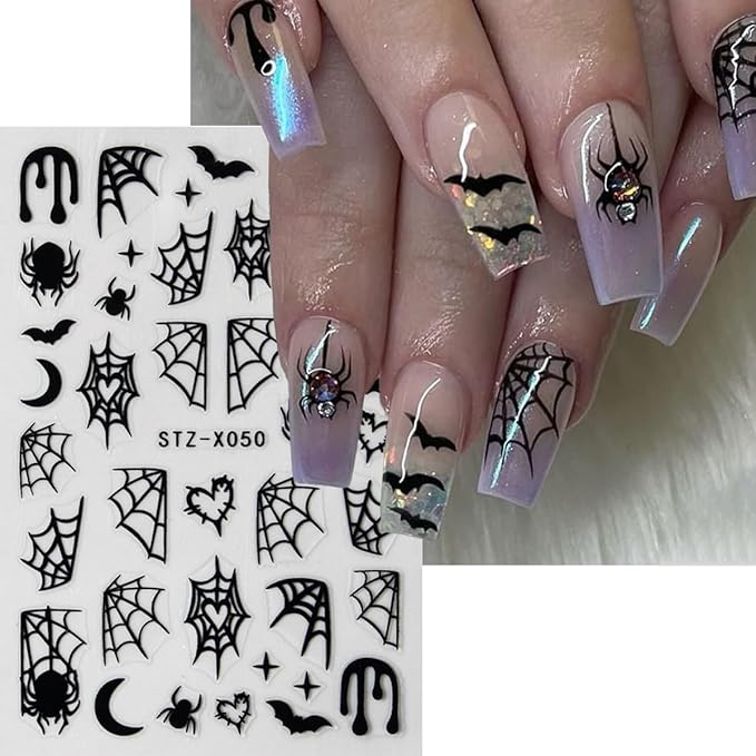 Halloween Nail Stickers Black Nail Decals Self-Adhesive Nail Art Stickers Spider Web Heart Star Moon Bat Design Spider Nails Sticker for Nails Art Decor Holiday Party Manicure for Women 8 Sheet