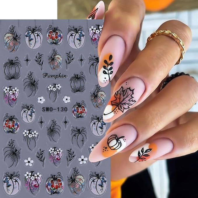 Fall Nail Stickers Halloween Pumpkin Nail Art Stickers Decals 3PCS 5D Engraved Leaf Flower Pumpkin Nails Design Self-Adhesive Fall Stickers Manicure Nail Art Supplies for Holiday DIY Nail Decorations