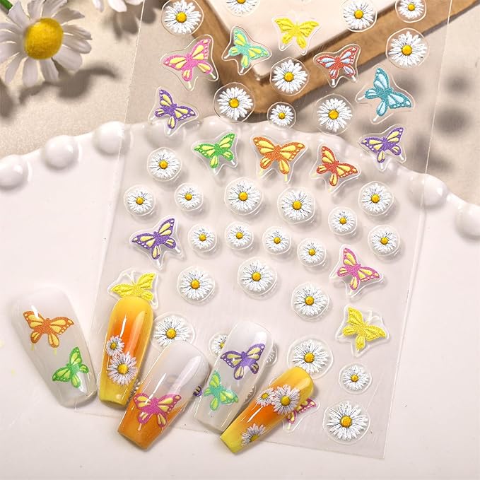 5D Embossed Smiley Face White Daisy Nail Stickers - Floral Face Nail Art Decorations for Manicure A Set of 2 Sheets