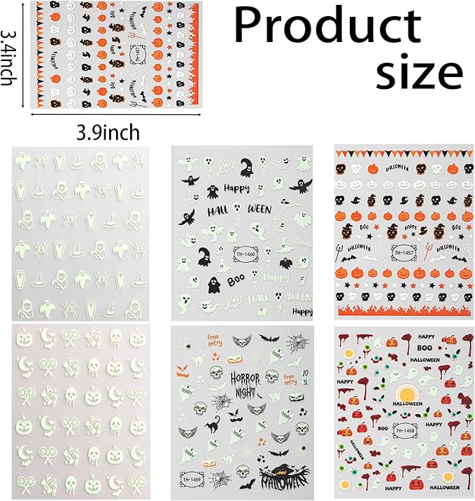 Halloween Nail Stickers - Halloween Nail Decals,3D Self-Adhesive Night Light Elements Nail Art Decals Holiday Nail Stickers for Women Grils (6 Sheets)