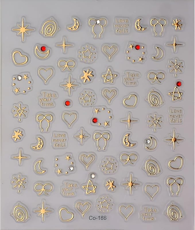 Gold Nail Art Stickers Bow Star Nail Stickers 5D Self-Adhesive Nail Decals with Rhinestones Design Gold Heart Moon Nail Supplies Decoration Accessories for Women and Girls