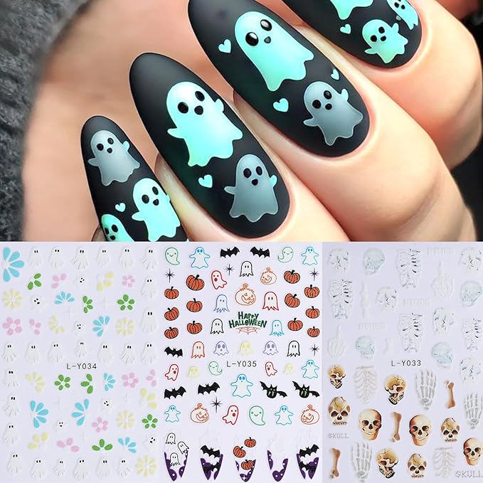 3Sheets Halloween Nail Art Stickers 3D Self-Adhesive Skeleton Hand Bones Nail Decals for Acrylic Nails Cute Ghost Flowers Designs Nail Stickers Pumpkin Bat Nail Decal for Women Nails Decor Supplies