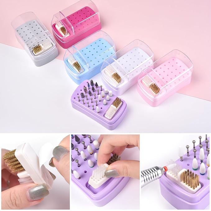 2 in 1 Nail Drill Bit Holder & Nail Drill Bit Cleaner Brush Case 30 Holes Dustproof Nail Drill Bit Display Stand Organizer Box Manicure Drill Bits Cleaning Brush Bits Storage Tool, White