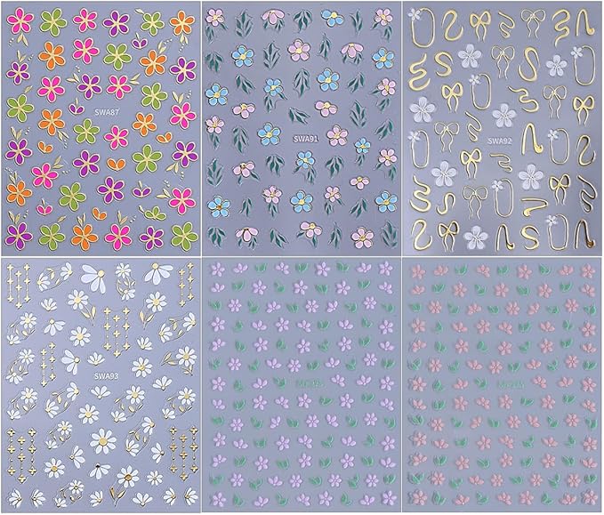 6 Sheets Flower Nail Stickers for Nail Art Pink Purple White Flowers Nail Decals French Line Bow Nail Art Stickers 3D Self-Adhesive Leaf Daisy Nail Decoration for Women Girls Nail Design Supplies