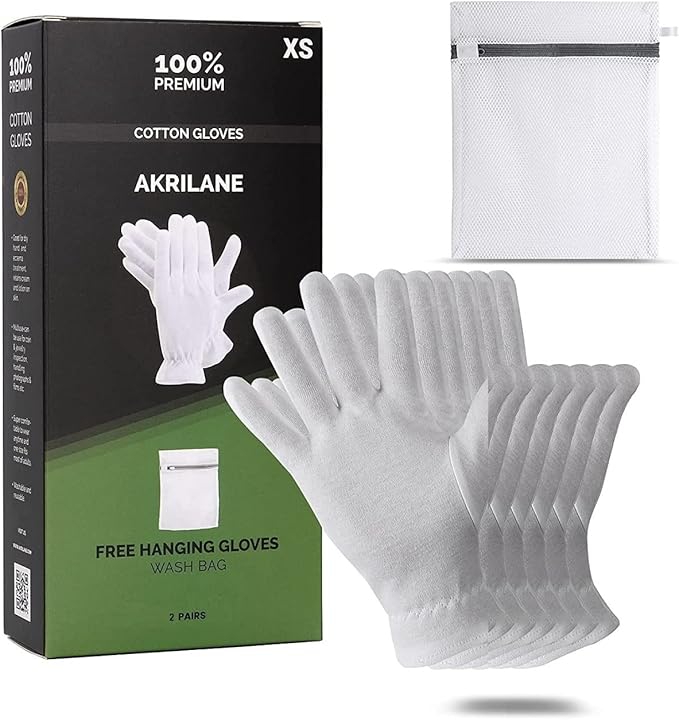 XS Extra Small 2 Pairs 100% Premium Cotton Gloves for Dry Hands | Moisturizing Overnight Gloves for Eczema, Psoriasis & Skin Spa Treatment for Women & Men | Washable & Reusable with Free Laundry Bag