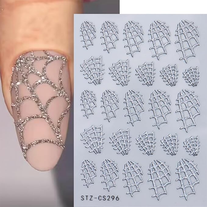 8 Sheets Spider Web Nail Sticker, Halloween for Nail Art Set - Halloween Nail Stickers Glitter Nail Spider Web Design Holographic 3D Self-Adhesive Slider Decals Manicure Art Decorations