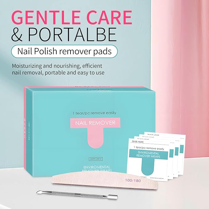 Nail Polish Remover Wipes,200 Pack Individually Nail Polish Remover Pads with Tools,Portable Fingernail Travel Kit,Quickly removedor de gel para uñas for Salon Home