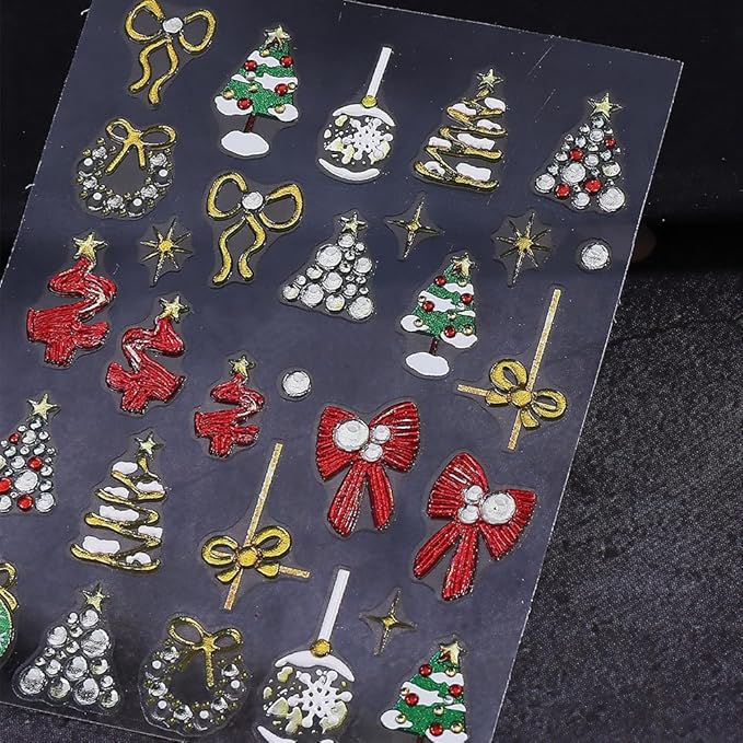 3 Pcs Christmas Nail Art Stickers 5D Embossed Bow Snowball Nail Stickers Xmas Tree Elk Nail Decals Red Gold Bow Snowflake Nails Supplies Winter Holiday Nails Decor for DIY Christmas Party Nail Designs