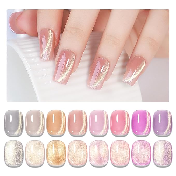 MIZHSE Cat Eye Gel Nail Polish, 8 Colors Glass Magnetic Gel Polish Set with Magnet Stick, Crystal Jelly Pink Purple Colors with Gradual Gold Cat Eye Effect Nail Polish Soak Off Nail Art Gift for Women