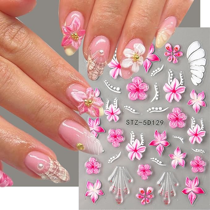 Flower Nail Stickers 3D Self Adhesive Nail Art Stickers 5D Embossed Nail Decals Red Hawaiian Floral Hibiscus with Rhinestone Design Black French Tips Manicure Accessories for Women 3 Sheet