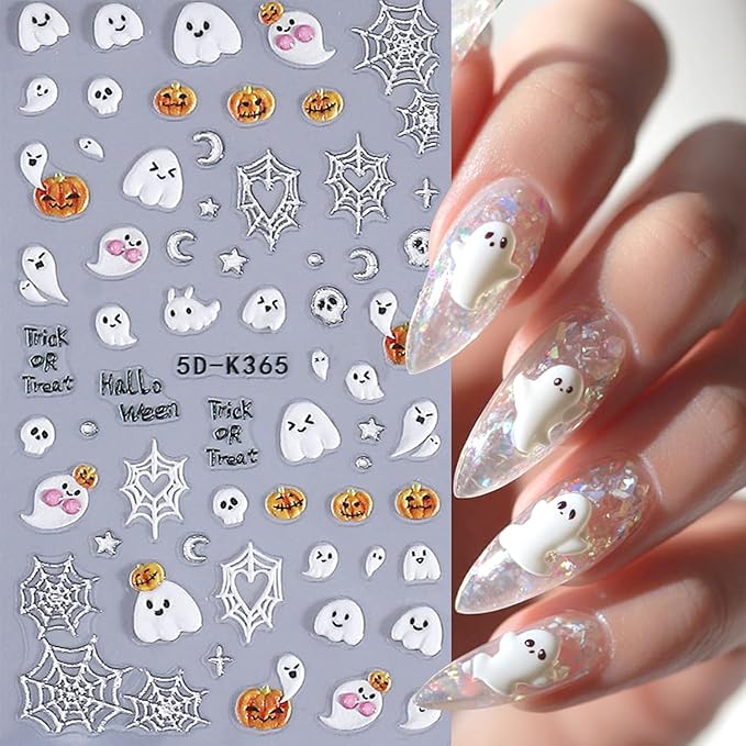 2Sheets Halloween Nail Art Stickers 5D Embossed Black Cat Spider Nail Decals for Acrylic Nails Self-Adhesive Cute Ghost Pumpkin Designs Nail Sticker Spider Web Skull Nail Decal for Women Nails Decor