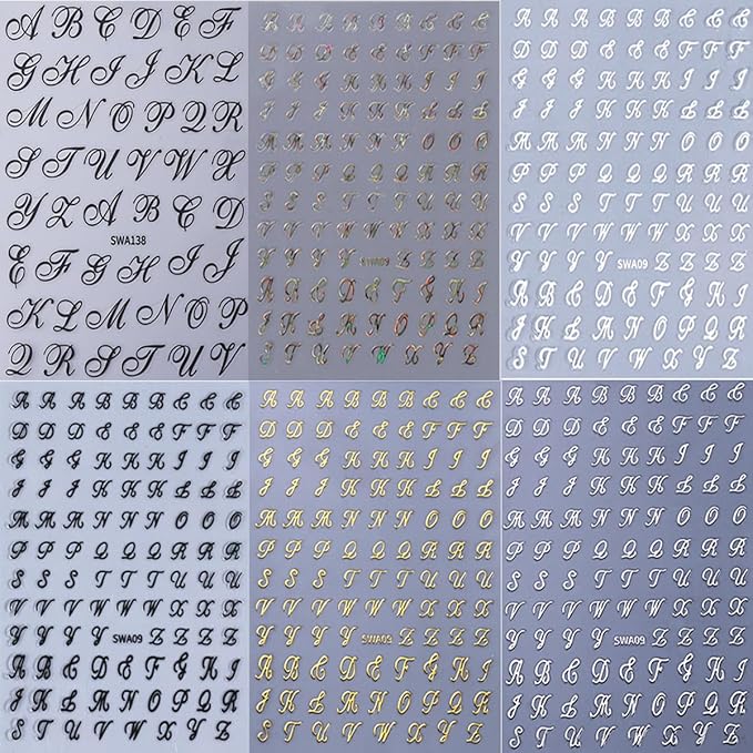 Letter Nail Art Stickers, Old English Letter Nail Art Decals 3D Self-Adhesive Gold Silver Black White Retro English Pattern Nail Design 6Pcs Nail Art Supplies for Women Nail Decoration